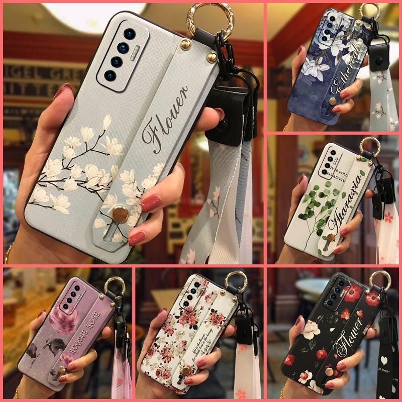 Soft case Silicone Phone Case For Tecno Camon17P Dirt-resistant Flower Durable Wrist Strap Wristband Lanyard Ring