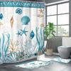 1/4pcs Nautical Ocean Shell Starfish Shower Curtain Set Mediterranean Style Waterproof Fabric Bath Curtain with 12 Hooks Non Slip Rug and Toilet Cover
