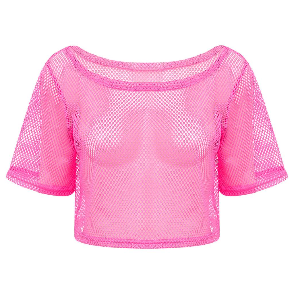 Damen Neon 80er Disco Fischernetz T-Shirt Kurzarm Ausgeschnitten Netz Crop Top