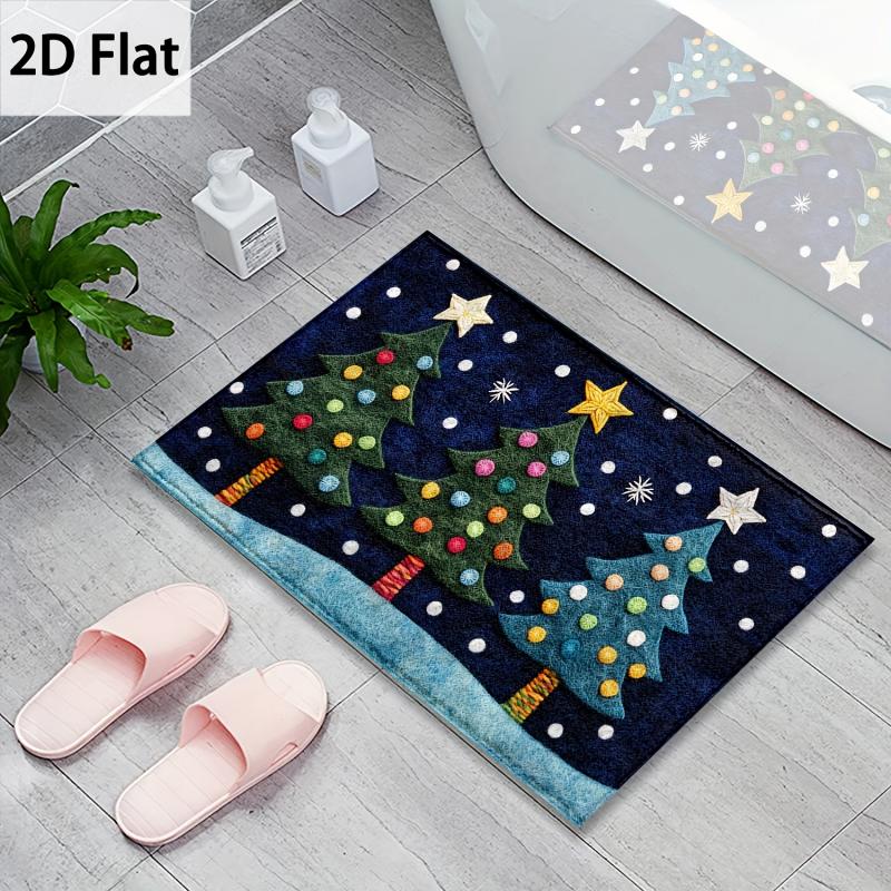 Christmas Tree Doormat Three Colorful Trees Blue Snow Welcome Mat Non Slip Soft Flannel Floor Rug for Front Door Entryway
