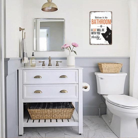 Vintage Katze Badezimmerschild Willkommen im Badezimmer Eine Katze wird gleich bei Ihnen sein Lustiges Katze Metallschild für Toilette Badezimmer Wanddeko