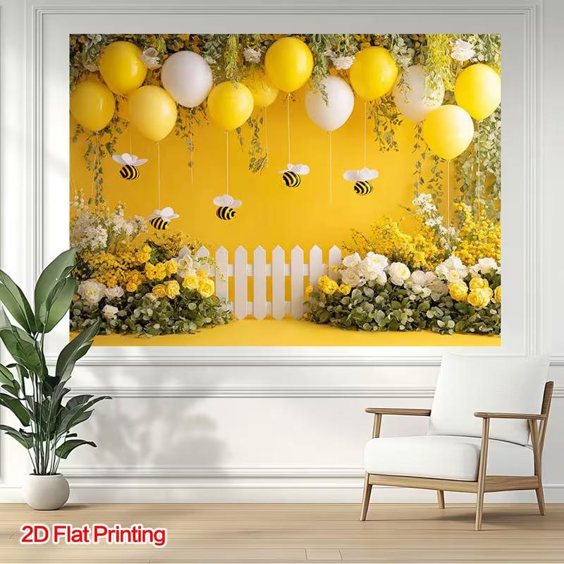 2D Printed Backdrop with Yellow Balloons, Bees, Flowers and White Fence