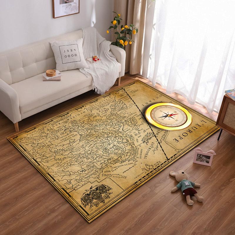 Vintage European Map with Compass Design Rug Non-slip rug suitable for living room and bedroom sofas.