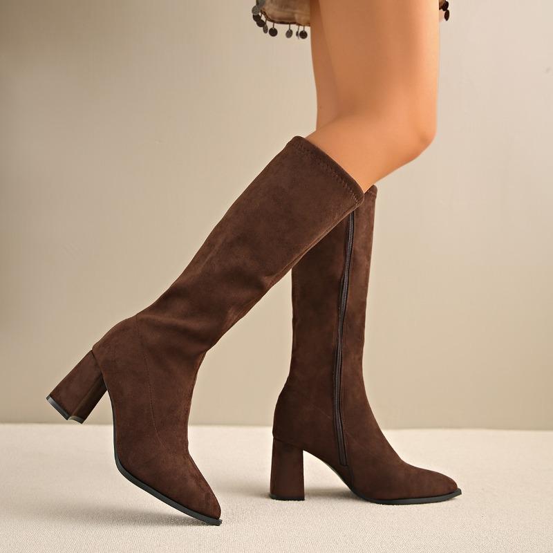 Autumn Winter Thick Heel Women Knee High Boots Pointed Toe Stripper Party Shoes Female Vintage Long Booties Zapatos De Muje