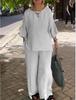 2024 Women's Cotton Linen Fashion Set: Casual Seven-Sleeve Top and Wide-Leg Pants Two-Piece Set