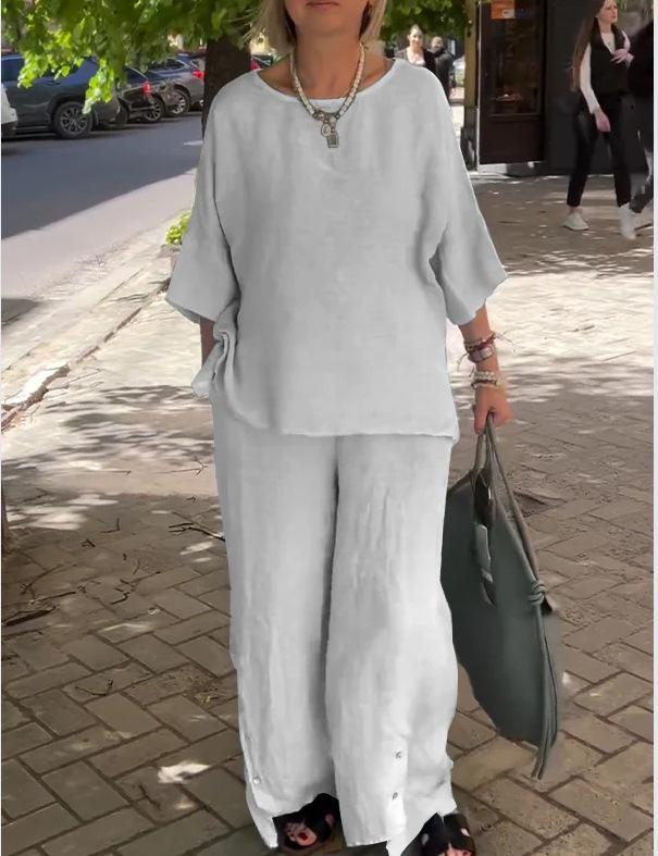 2024 Women's Cotton Linen Fashion Set: Casual Seven-Sleeve Top and Wide-Leg Pants Two-Piece Set