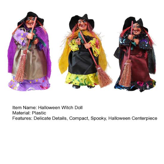 Halloween Witch Doll Standing Witch Figure Holding Broomstick Desktop Spooky Witch Figurine for Halloween Party Mantel Dining Table Decor