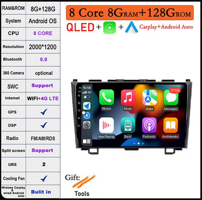 9 Lnch Android 14 For Honda CRV CR-V 3 RE 2006-2012 Car Radio GPS Navigation Multimedia Player Stereo Head Unit QLED Screen