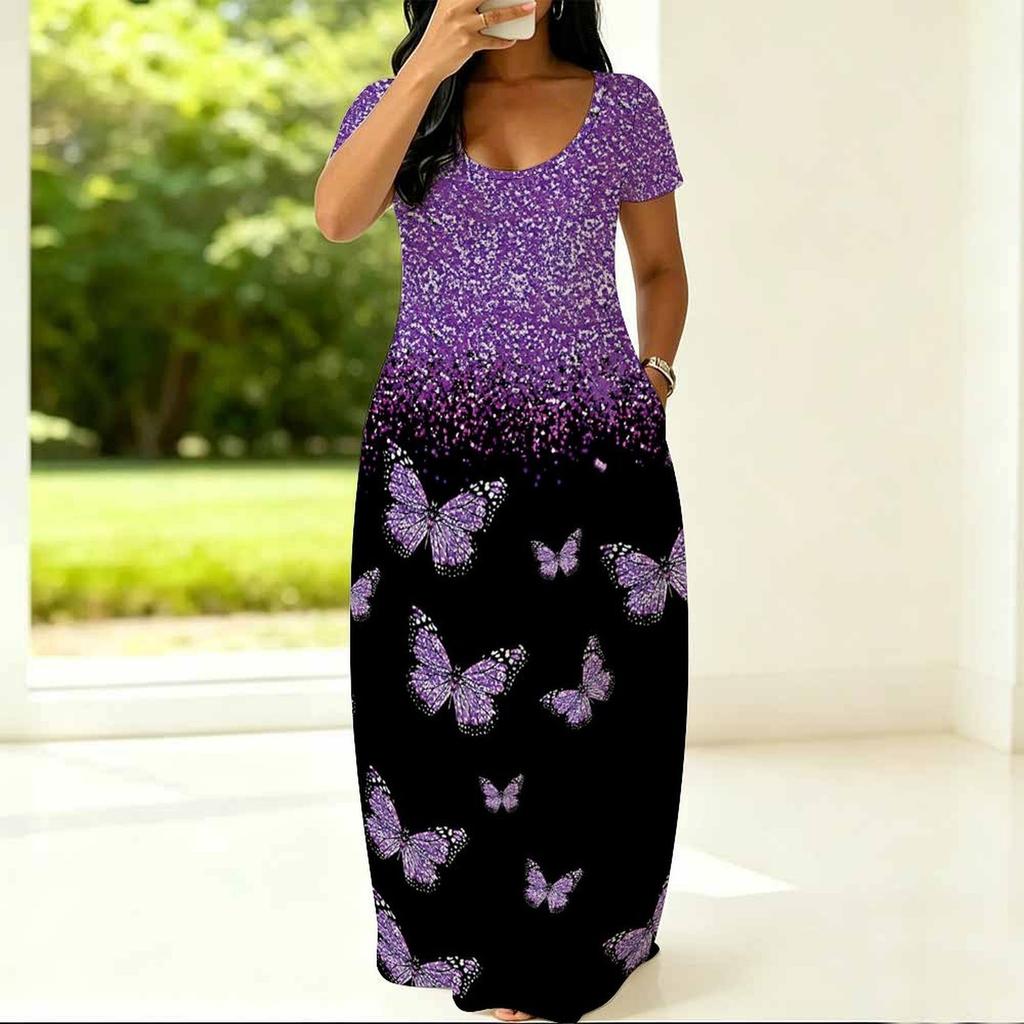 Plus Size Round Neck Short Sleeve Tunic Airy Dress For Summer Outdoor Stroll