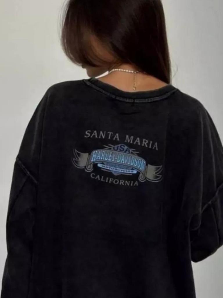 American Retro Oversized Distressed Sweatshirt - Printed Round Neck Pullover Streetwear