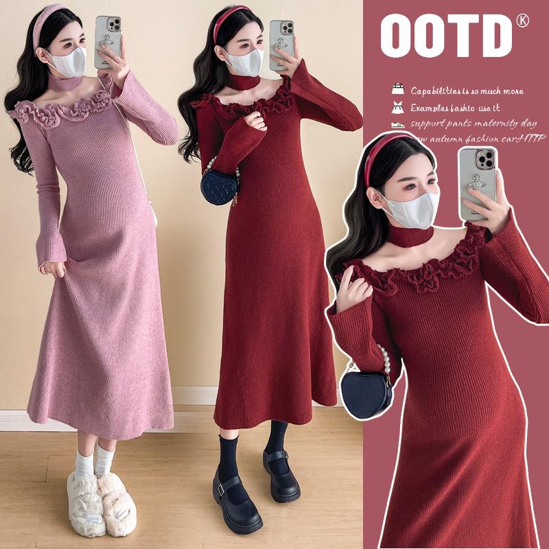 

2025 Autumn/Winter 3D Floral Thickened Mid-Length Maternity Knit Dress Medium