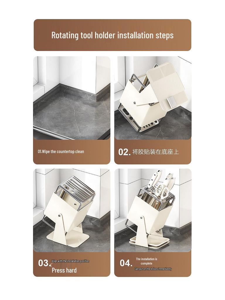 Drehbarer Küchenmesser- und Utensilienorganizer aus Edelstahl mit Abtropfgestell