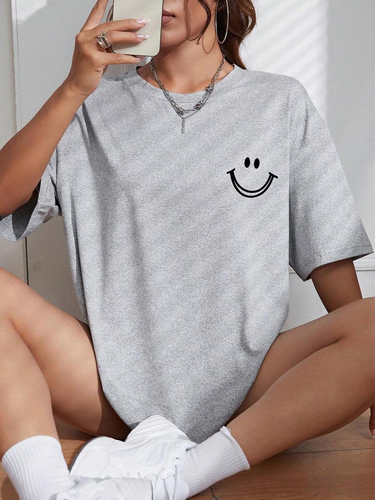 Happy Expression Printed Womens Cotton Short Sleeve Street Hip Hop Tee Clothing Allmath Breathable Tops Crewneck Woman TShirts