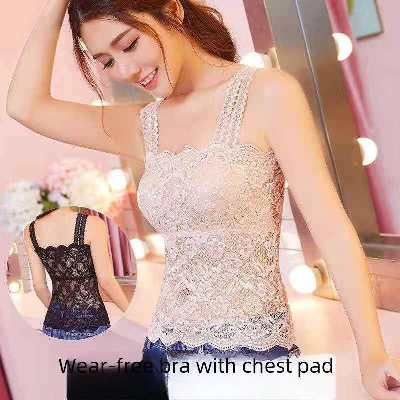 Lace Trim Underwear Camisole with Chest Pads - Women's Versatile Anti-Exposure Long Bra