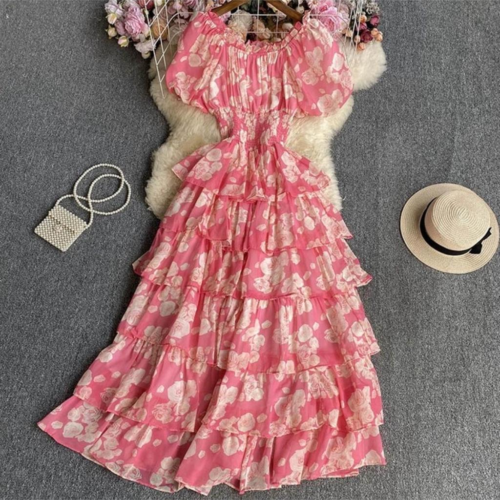 Retro Floral Chiffon Slimming Dress: Women's Summer Puff Short Sleeve High-End Vacation Cake Dress