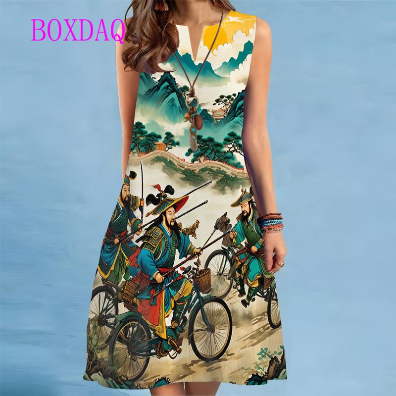 

Summer Beach Dress For Women Casual Sexy Sleeveless V-neck Loose Mini Dress Elegant Peacock Bird Print Short Dress Vestidos S