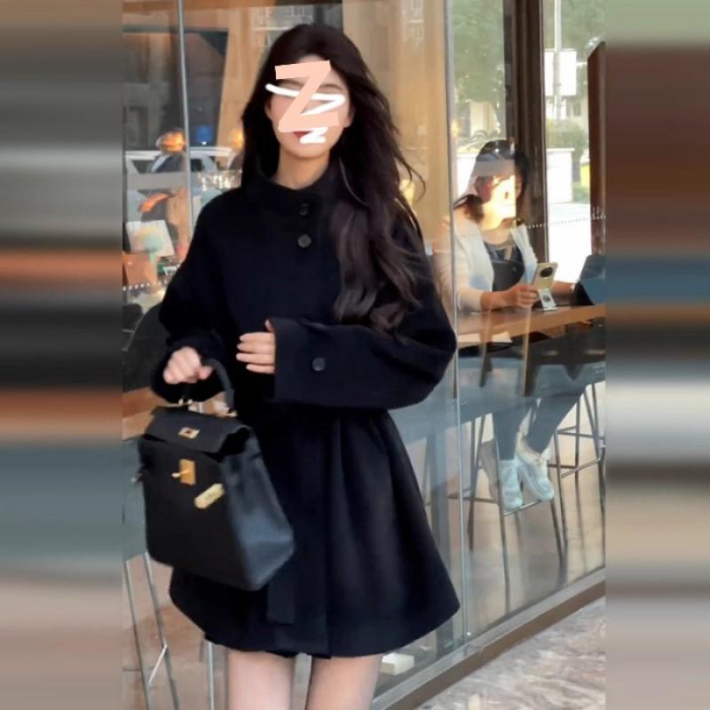 Womens Black Wool Blend Coat Winter Thick Oversized Korean Style Elegant Long Sleeve Trench