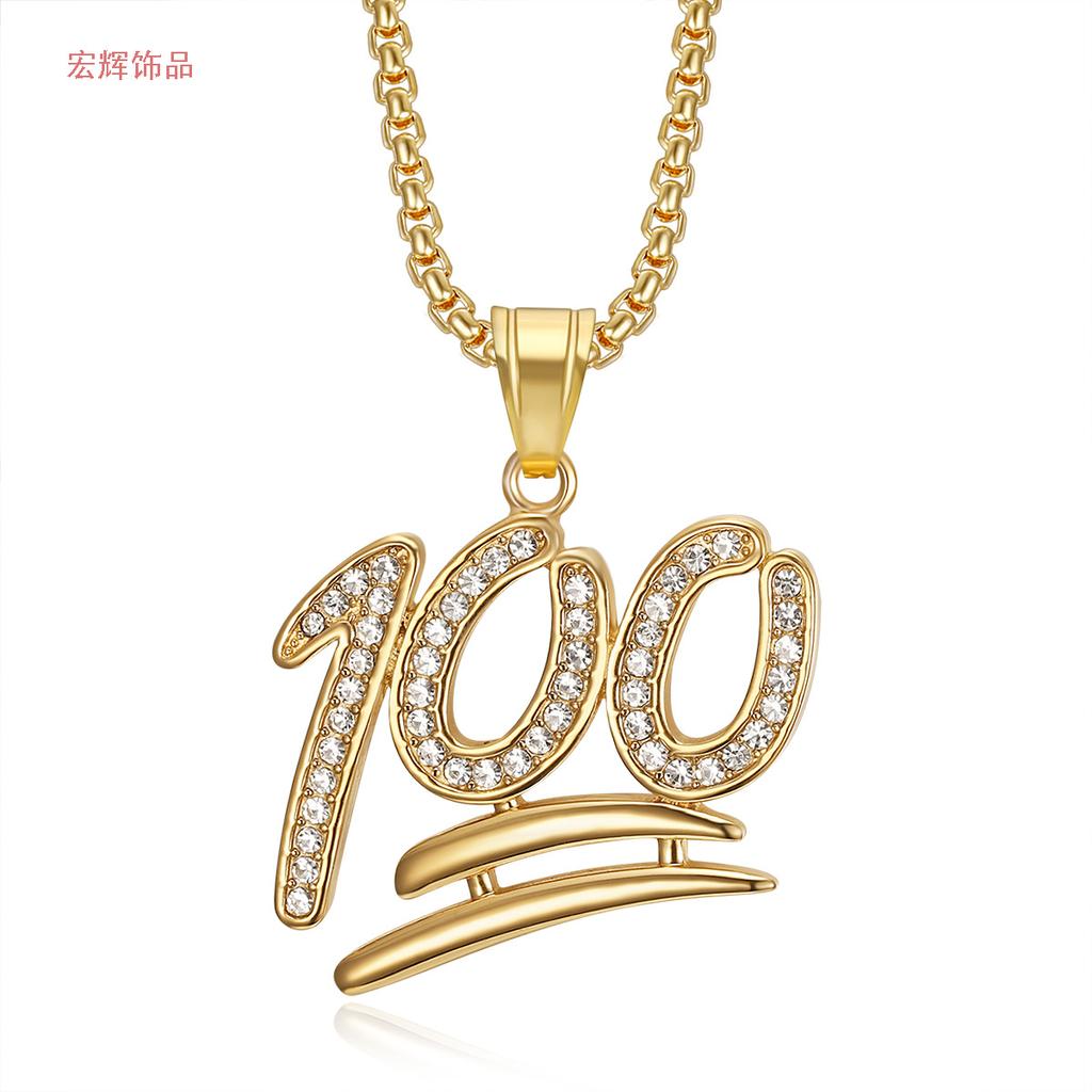 Hot-selling Hip Hop Jewelry Stainless Steel Gold-plated Diamond-studded 100 Pendant Necklace