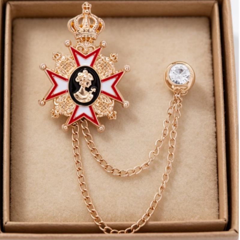 Gold Crown Metal Breast Pins with Dotted Paint and Tassels for Elegant Medal Accessory