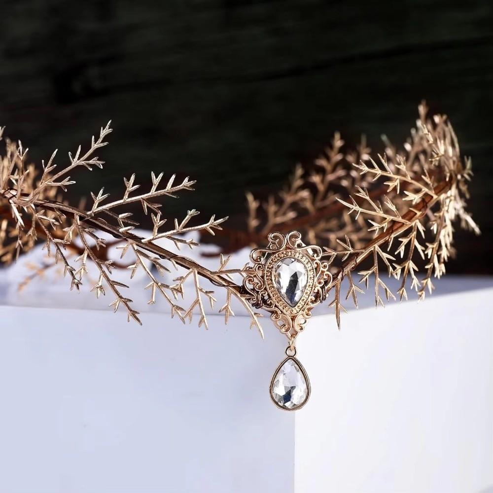 Renaissance Bridal Forehead Chain Green Gemstone Branch Leaf Headpiece Outdoor Photo Prop
