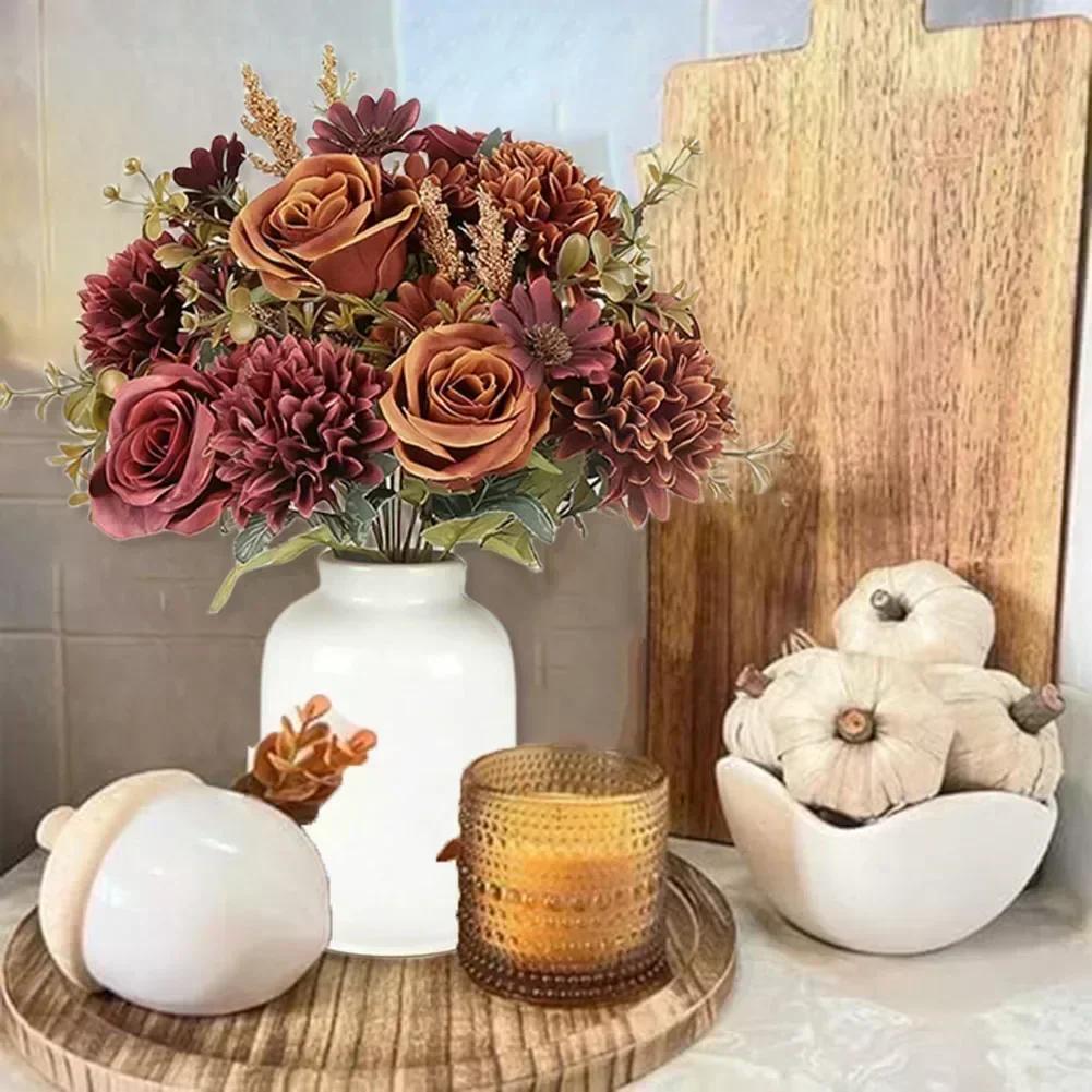 Kunstmatige Herfst Zijdebloem Boeketten 2 Bundels Realistische Oranje Rozen en Hortensia's voor Vaas Slinger Tafelstuk