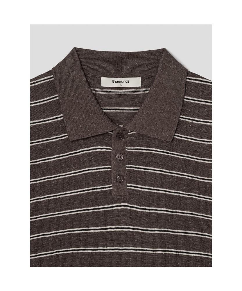 8SECONDS Striped Collared Neck Short Sleeve Knit Brown