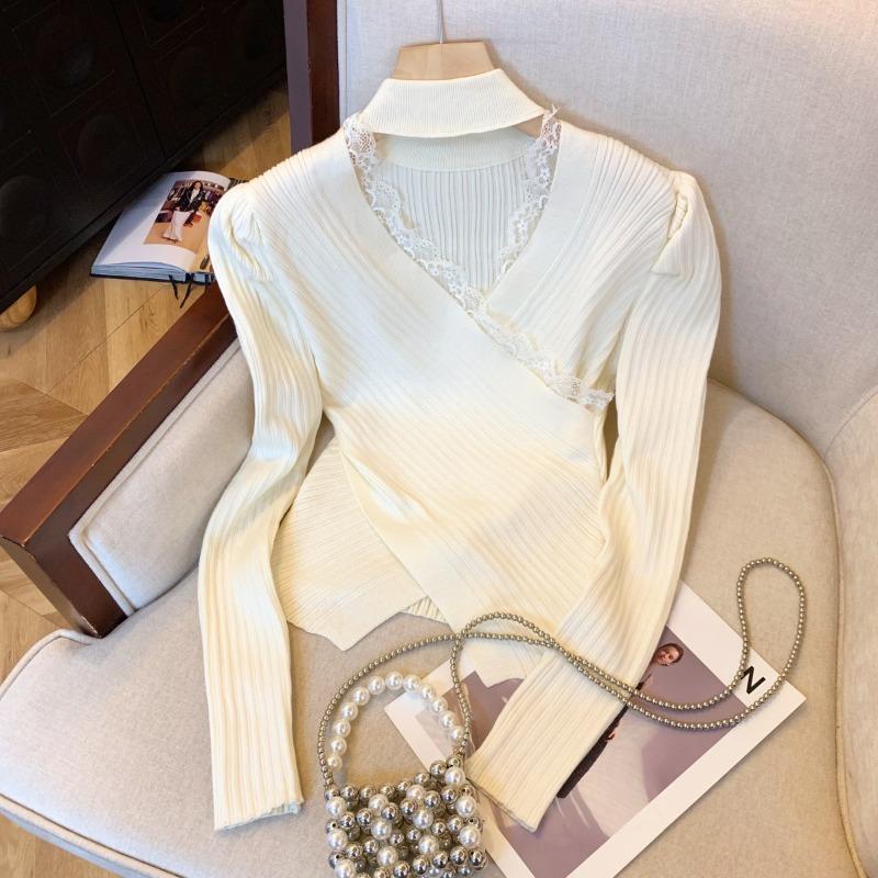 Autumn and Winter Sexy Lace V-neck Knitted Sweater for Women Fashion Slim Fit Base Pullovers Sweaters Women Elegant Solid Casual Knitwear Jumper 25567