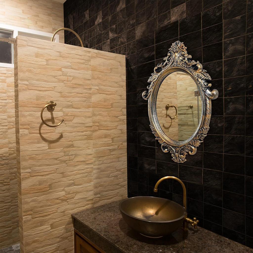 Compressed Wooden Frame Vintage Wall Mount Mirror Makeup Elegant Hanging Glass Living Room Bedroom Bathroom Basin Home Decor (64x46 Cm)