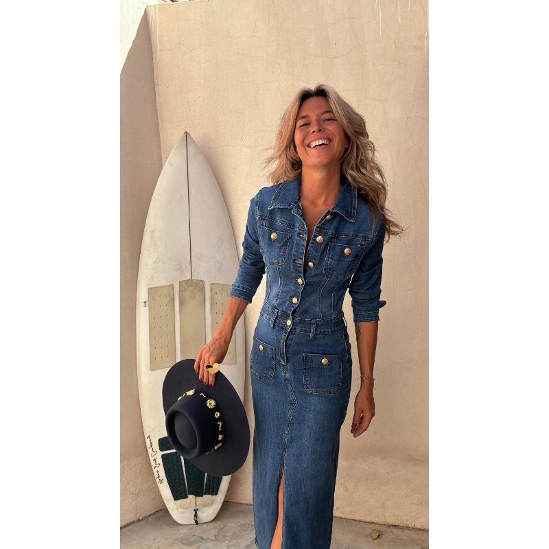 Buttons Denim Dress Autumn Women   Turn Down Collar Jean Dresses Female Vintage Casual Cowboy Long Dress