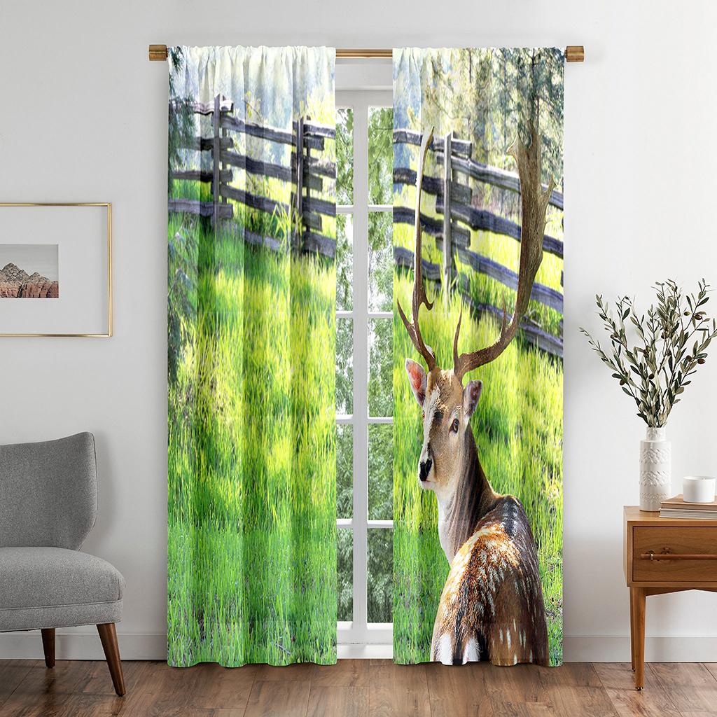 Natural Deer Animal Plant Vibrant Green Window Panel Drapes in Children Bedroom Living Room Hall Treatments Kitchen Decor Drapes Blinds