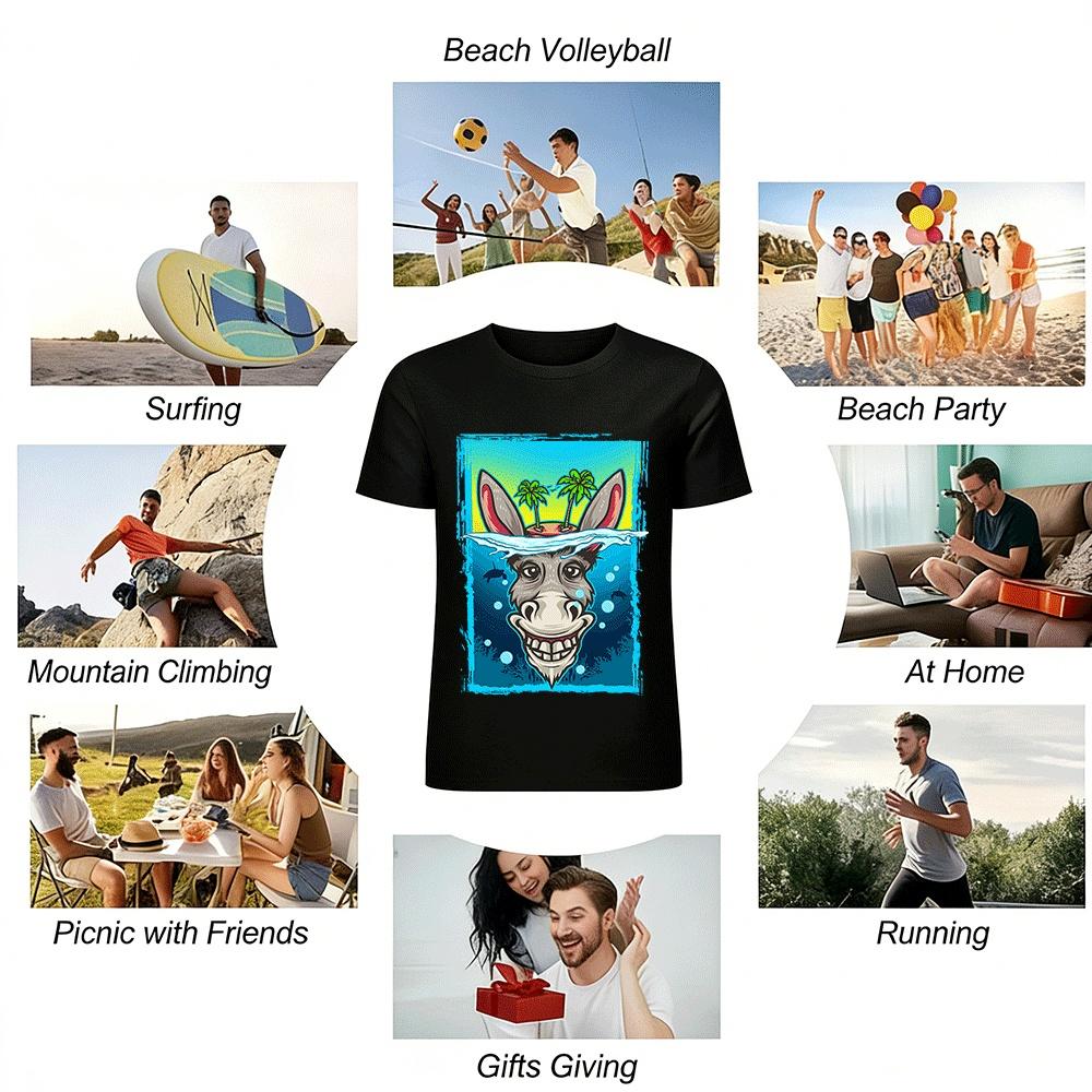 Funny Island Donkey Head Print Short Sleeve Casual Vacation T-Shirt Pure cotton T-shirt