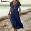 Oversized Solid Color V-Neck Cotton Linen Women's Dress for Women's Clothing