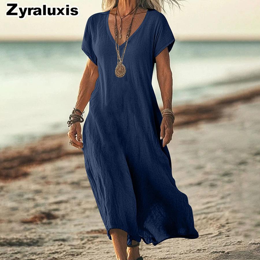 Oversized Solid Color V-Neck Cotton Linen Women's Dress for Women's Clothing