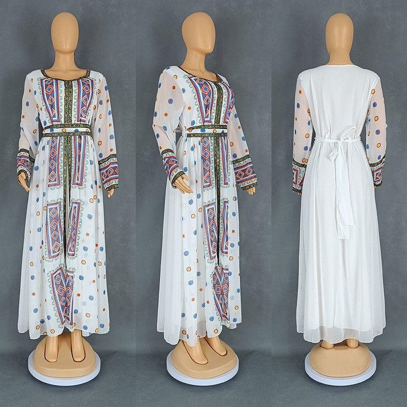 Cross-Border European and American Middle East Print Sequins Women Clothes New Fashion Dubai Robe Chiffon Travel Dress Dress