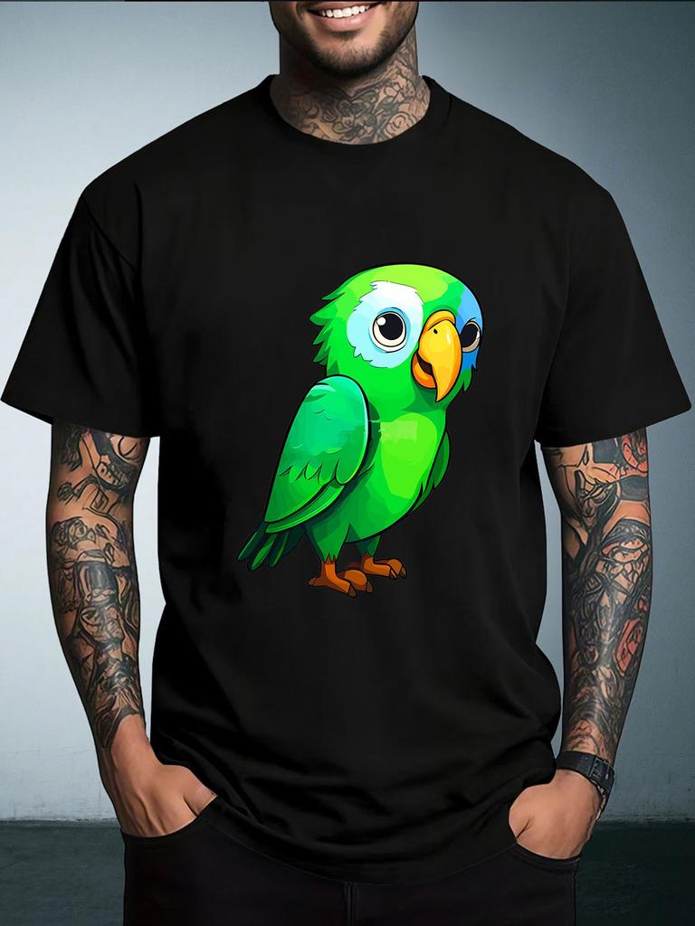 Unisex Summer White Short Sleeve Tee Cute Cartoon Green Parrot Bird Graphic Print Crew Neck Loose Casual Male Daily Tops