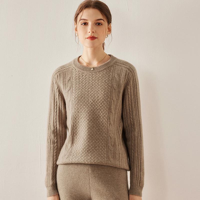 Women's Heavy Knit Cashmere Aran Sweater: Saddle Shoulder, Round Neck, Long Sleeve Pullover for Autumn/Winter, Solid Color, Casual & Versatile.