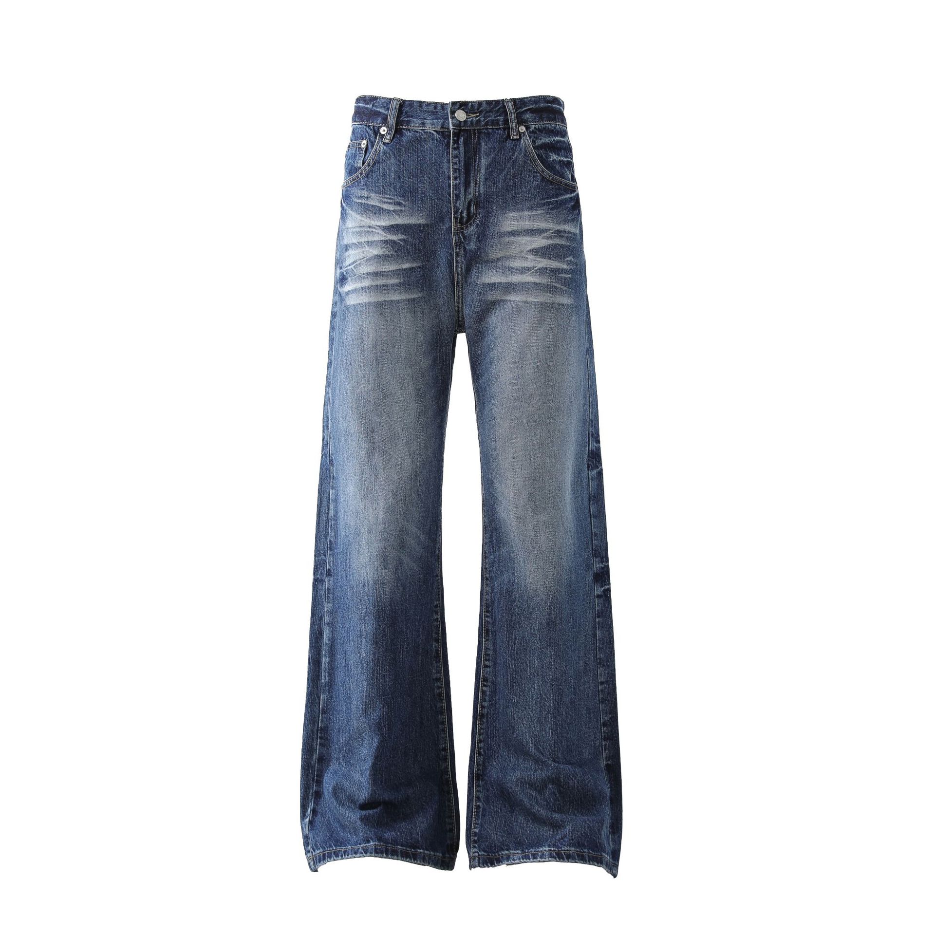 Men s American micro-pull jeans men s retro washed loose wide-leg trousers S синий