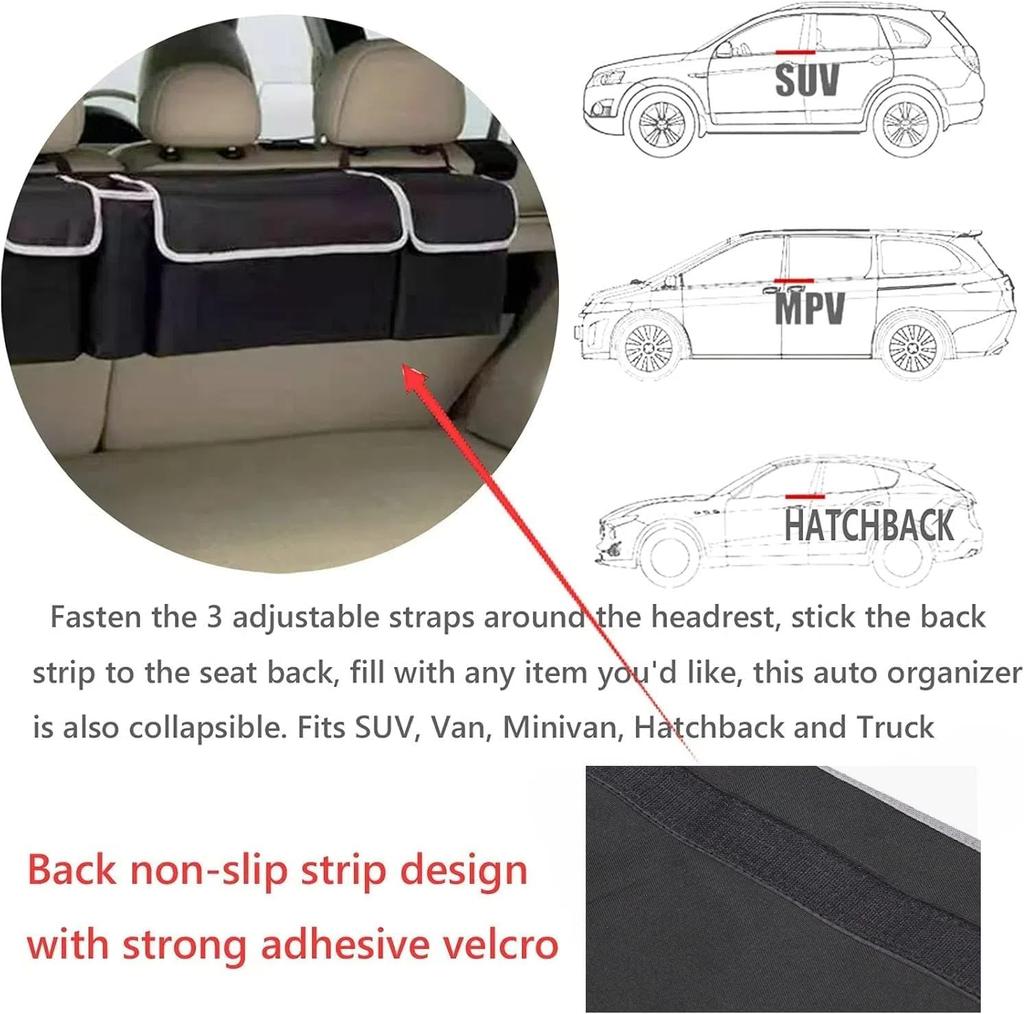 Car Trunk Hanging Organizer, Backseat Storage Bag 3 Adjustable Shoulder Straps Foldable Grocery Organizer Accessories for SUV Va