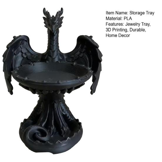 3D Printed Storage Tray, Matte Black Resin Flying Dragon Shape, Dustproof Jewelry Organizer, for Ring Earring Home Decorative