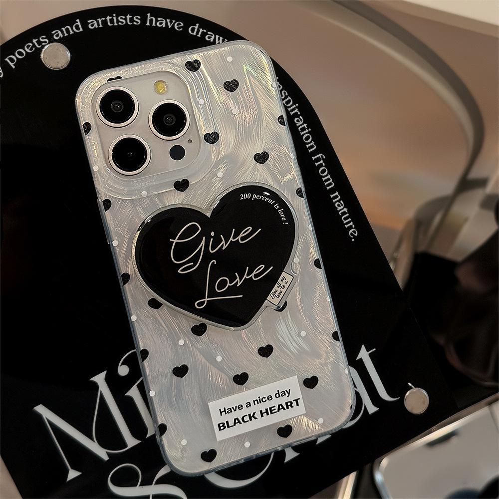 Simple Temperament Mobile Phone Case Apple 15pro Max Korean Ins Black Love Stand Iphone13 Suitable for 14 Hard 16