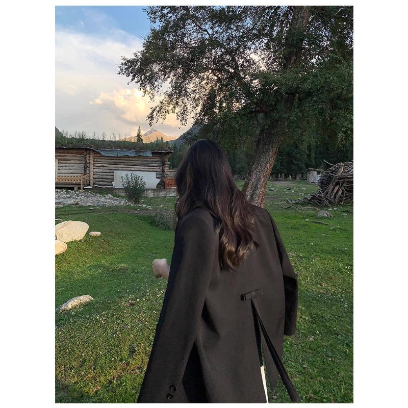 Stylish Grey Blazer Women Casual Office Wear Spring Autumn Bow Knot Split Design