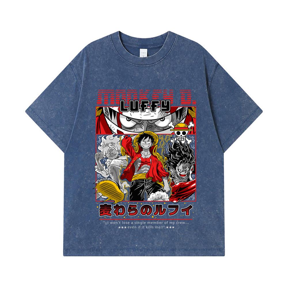 275 GSM Washed T-shirts 100% Cotton One Piece V16 Luffy Print Unisex Heavy Cotton T Shirt