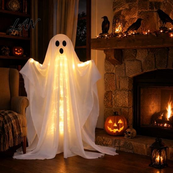 White Gauze Ghost Halloween Decoration, LED Light Up Standing Ghost, Indoor Outdoor Atmospheric Spooky for Porch, Yard, Lawn, Garden Decor Lighted
