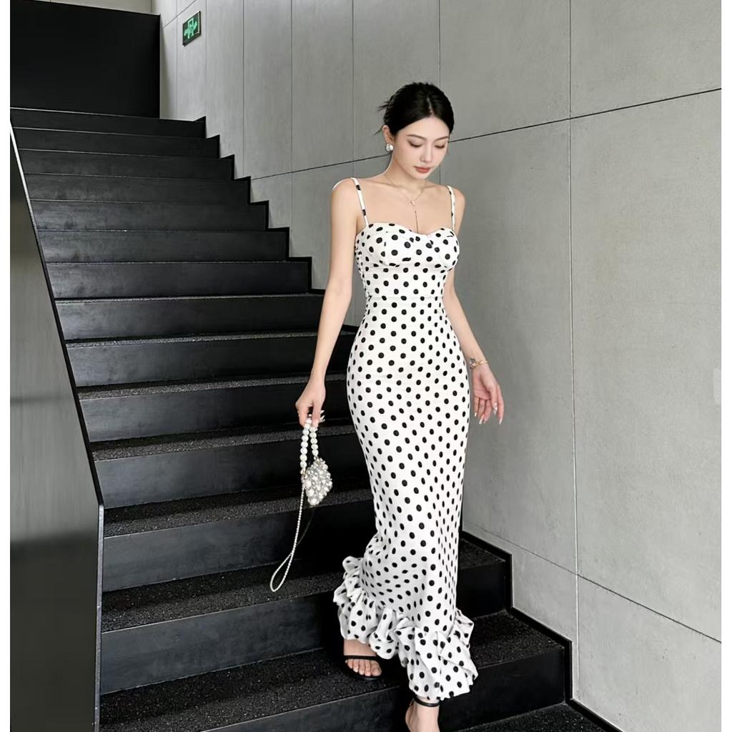 Summer New French Polka Dot White Sexy Suspender Dress Women's Temperament Waist Thin Medium and Long Dress