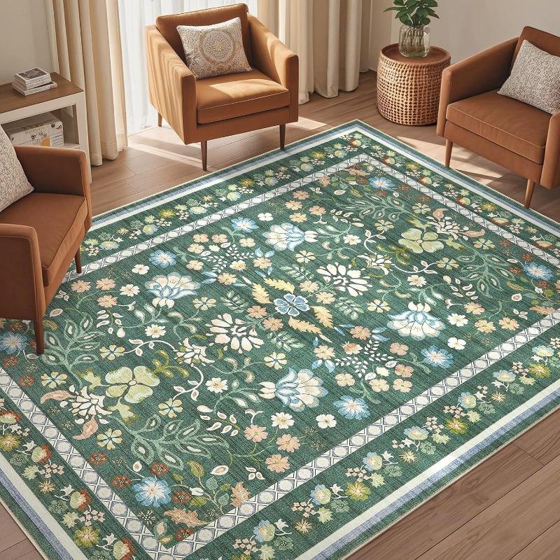 Boh Rural Style Plants and Flowers Print Large Area Rug Design Non-Slip Carpet for Living Room Bedroom Soft Floor Mat Home Decor