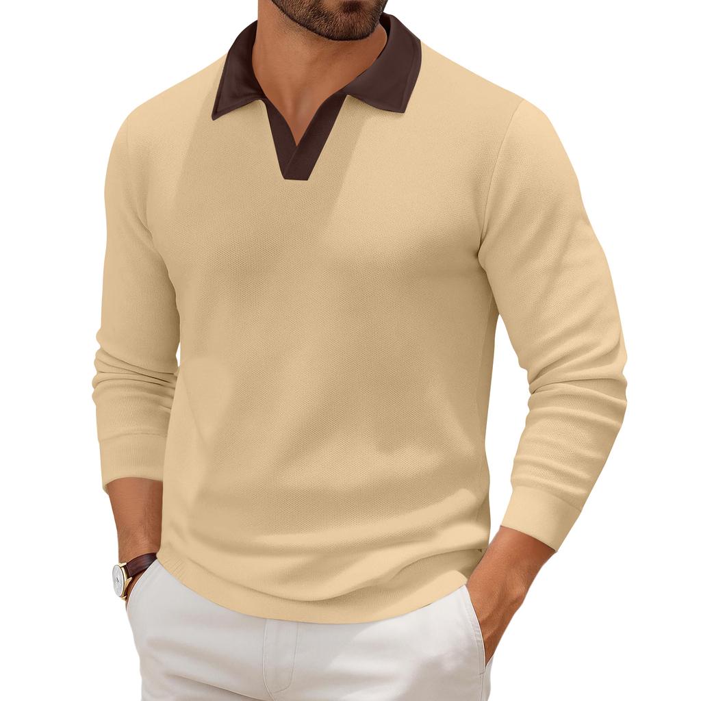 Men's Casual Color-Block Collared Long-Sleeve Knit Base Layer Top
