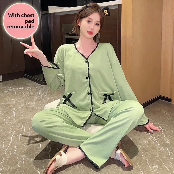 Dámská jarní/podzimní pyžamová souprava: Sladký top na ramínka s vycpávkami na prsou, dlouhými rukávy a kalhotami, nadměrná velikost až do 230 lbs, třídílný domácí oděv.