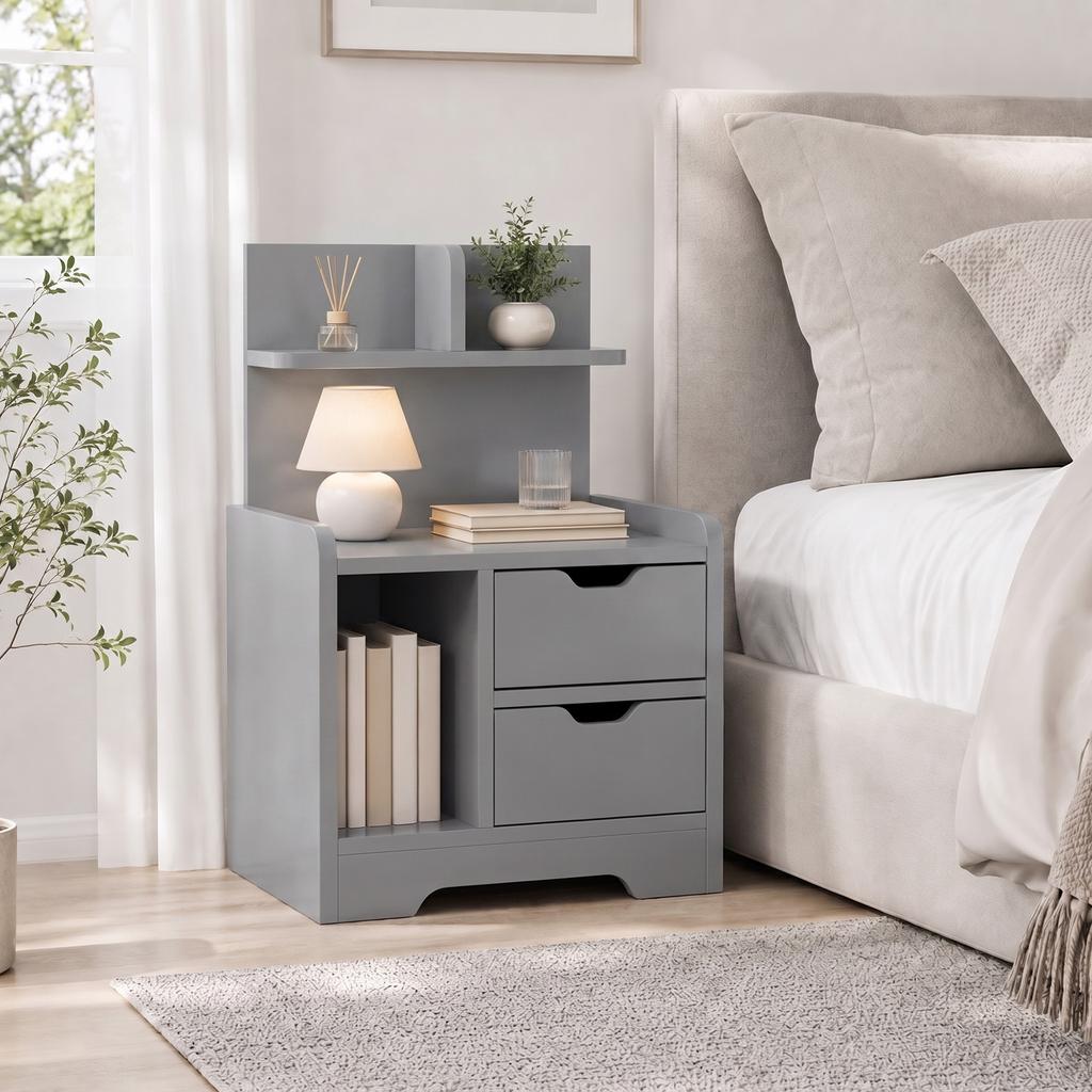 Bedside Table, Small Bedside Cabinet with 2 Drawers and Storage Shelves, Modern Nightstand for Bedroom, Grey