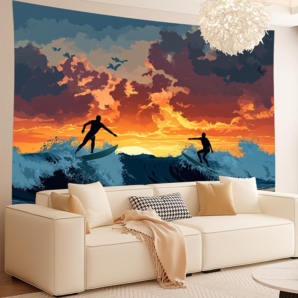 Surfer Silhouette Tapestry Wall Hanging, Sunset Ocean Waves and Flying Birds, Summer Beach Art Decor for Living Room Bedroom