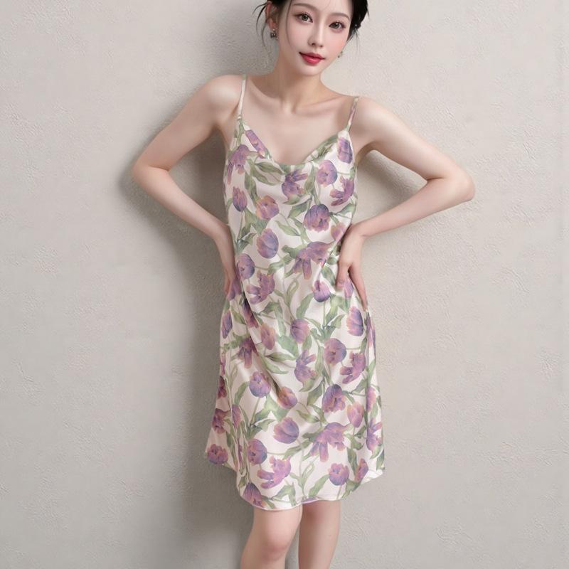 Ice and snow pajamas spring and summer women's sexy suspender vest nightdress thin swing neck print